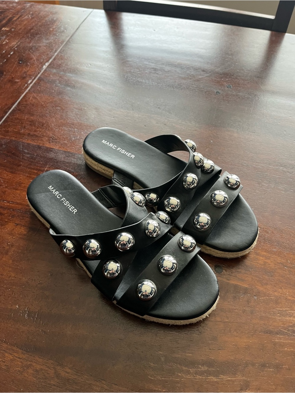Marc Fisher Black Slide Sandals with Silver Studs